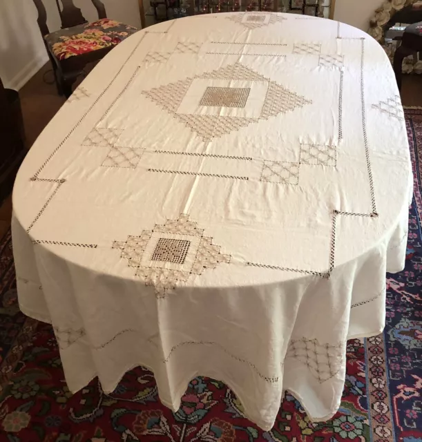 Ecru Muslin Hand Stitched Tablecloth 96X57 Drawn Thread Work