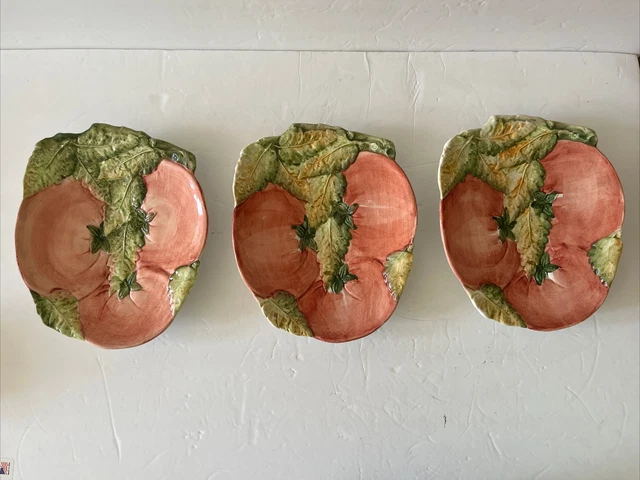 Majolica Italian Pottery Set Of 3 Tomato, Leaves Bread Salad Dessert Plates 9”