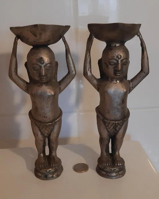 RARE!! ANCIENNE PAIRE LAMPE A HUILE Inde divinité XIXe XXe bouddha