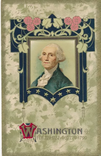 WASHINGTON'S BIRTHDAY - Portrait And Flowers Art Deco Patriotic Postcard