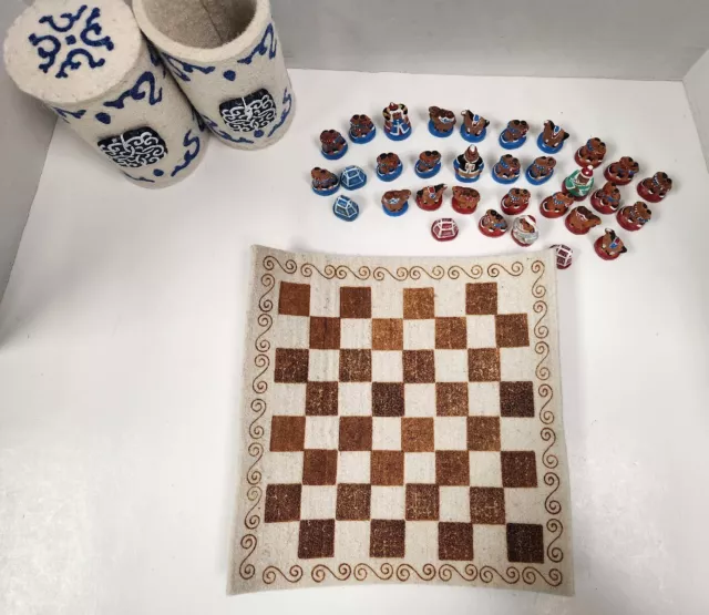 Mongolian Chess Set Hand Painted chess pieces Sheep Felt Board RARE