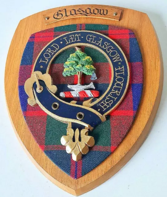 Vintage Old Scottish Carved Clan GLASGOW Tartan Plaque Crest Shield  vx