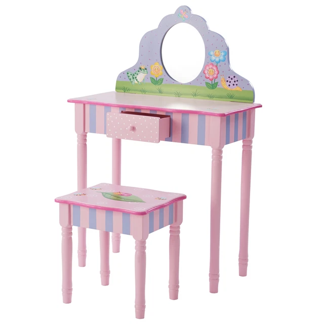 Mesa de tocador de madera, juego de taburetes y espejo Fantasy Fields para niños TD-13245A