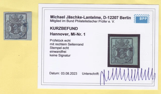 ## Altdeutschland Hannover MiNr 1 SEITENRAND gest. ,  BPP - BEFUND , LUXUS ##