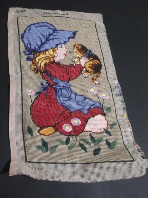 Diamant WOMAN GIRL CAT Flowers Needlepoint Tapestry Cross Stitch Canvas Greece !