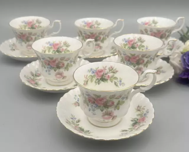 Royal Albert England Bone China Set of 6 x Moss Rose Tea Cups and Saucers.