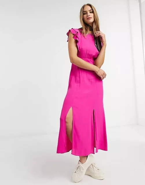 New Warehouse Pink Frill Sleeve Midi Maxi Dress Casual Party Wedding Look Uk 12