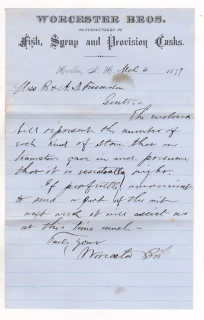 1879 Worcester Bro Letterhead Fish Syrup Provision Casks Hollis Nh