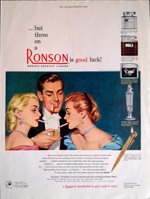 1950 RONSON Lighter Man Tow Women Cigarettes Fun Vintage Magazine Print Ad 83