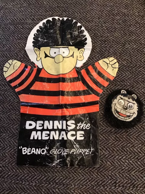 Vintage Dennis the menace Beano glove puppet and Gnasher badge circa 1970