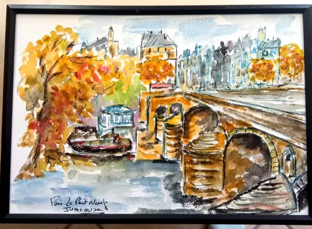 Aquarelle Paris Le Pont Neuf Art Tableau  Peinture  Signe Jumeaux Jean Pierre