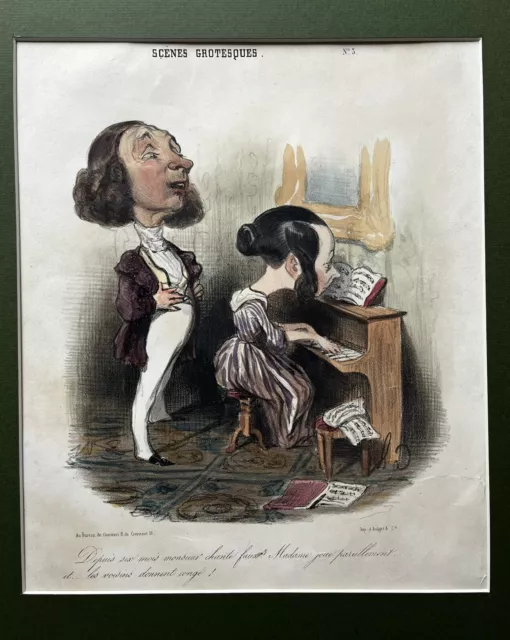 H Daumier Original Lithograph w. Contemp Hand Colouring The Music Lesson 1839