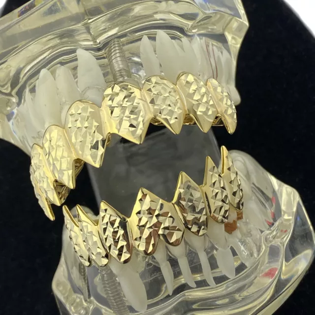 14K Gold Plated Shark Grillz Set Cut 8 Top & Eight Bottom Teeth Fangs