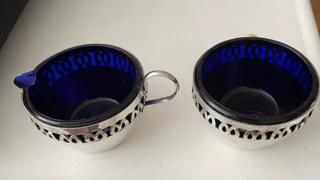 Vintage Cobalt Blue Glass Sugar  Bowl & Milk Jug  in Filigree chrome baskets