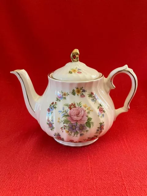 Vintage 1950's small Sadler fluted teapot, cabbage rose floral garden design