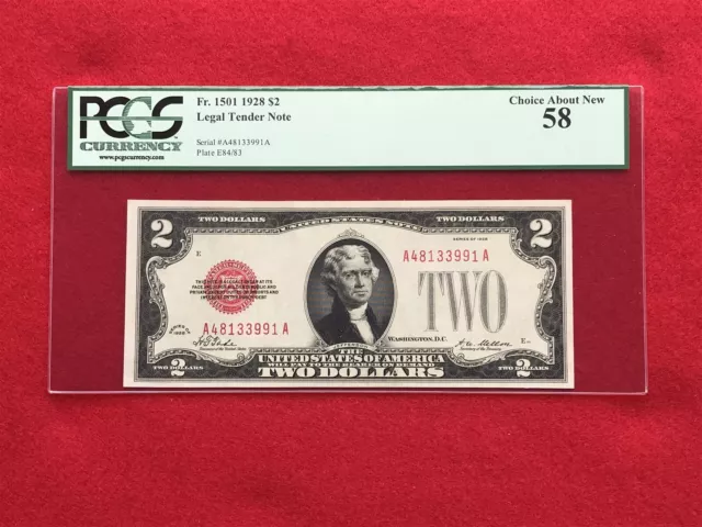 FR-1501 1928 Plain Series $2 Red Seal US Legal Tender Note *PCGS 58 Choice AU*