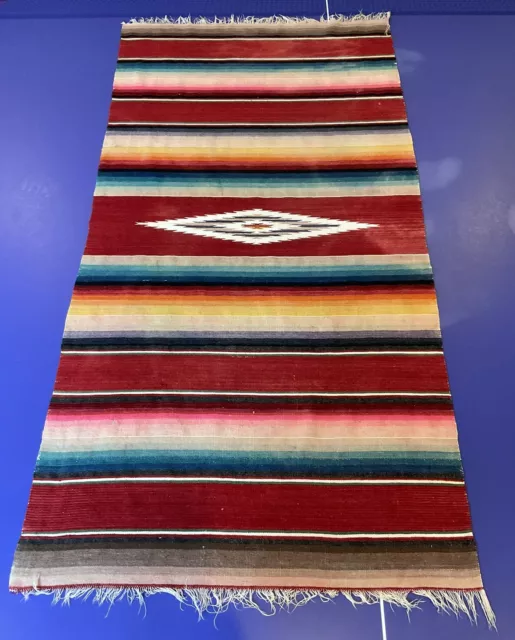 Vintage Wool Serape Saltillo Mexican Woven Runner Scarf 22x43 Fringe Rug Blanket