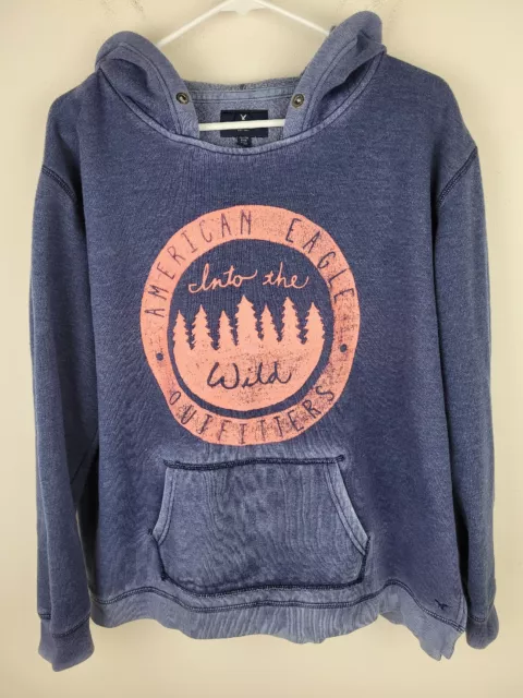 American Eagle Mens Hoodie Sz XL Blue Sweatshirt Distressed Into The Wild Print