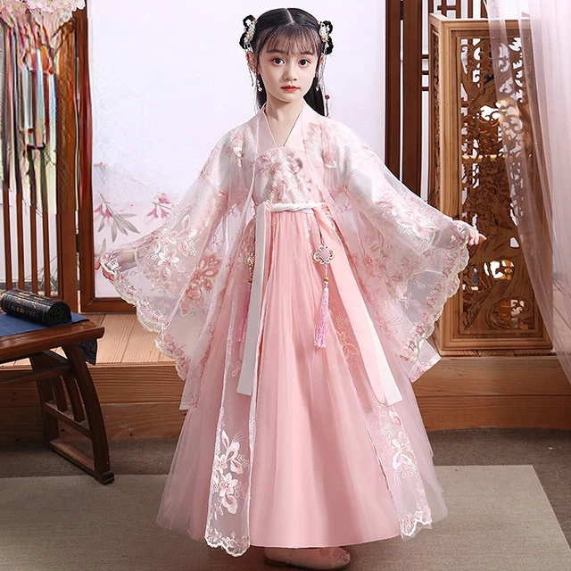 Cinese Bambino Bambina Abito Hanfu Rete Ricamo Ttang Completo Antico