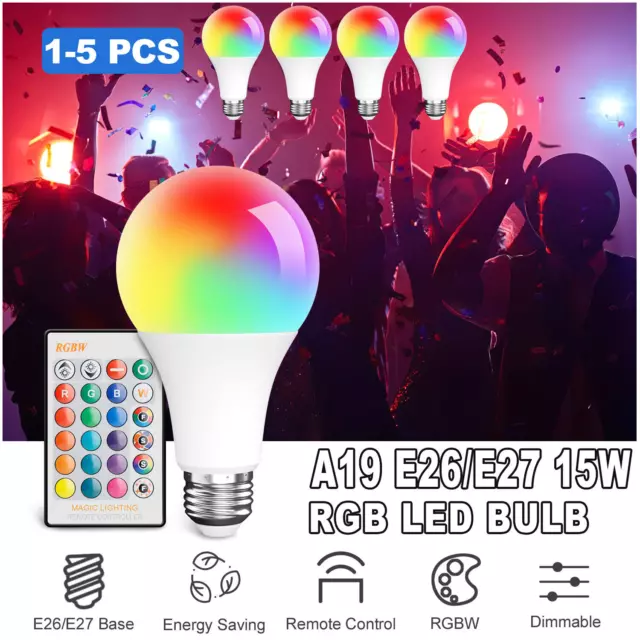 1-5 PCS 15W RGB Color Changing LED Light Bulbs E26 A19 Bulb w/ Remote Party Lamp