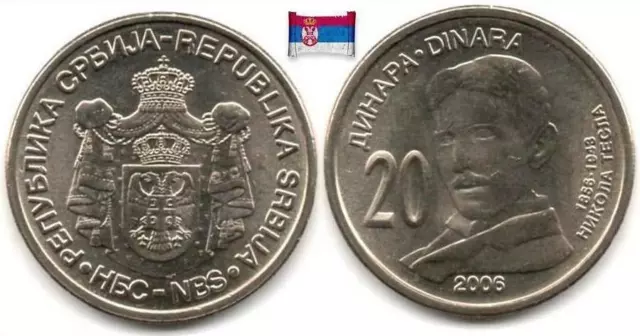 SERBIA 20 dinara 2006 UNC/BU, commemorative coin NIKOLA TESLA