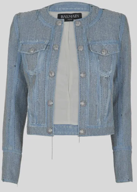 Genuine BALMAIN Blazer MicroChain Embellished Cropped Denim Women Jacket Size 36