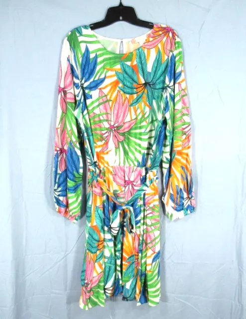 NWOT FLYING TOMATO White/Multi TROPICAL PRINT Crepe TIE BELT Blouson Dress Sz 2X