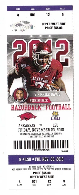 2012 Arkansas Razorbacks Vs Lsu Tigers Football Ticket Stub 11/23 Knile Davis
