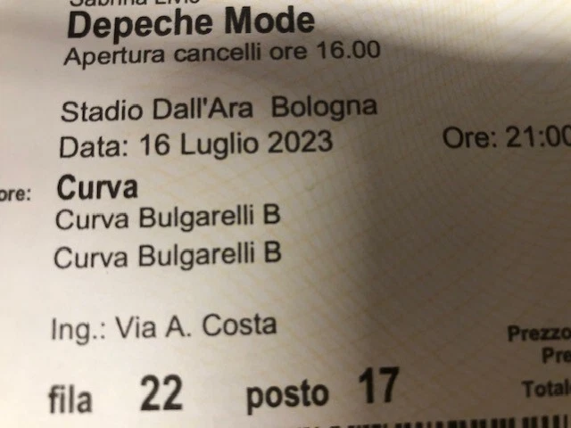 Depeche Mode 2 Biglietti Tickets BOLOGNA STADIO DALL'ARA 16/7/23
