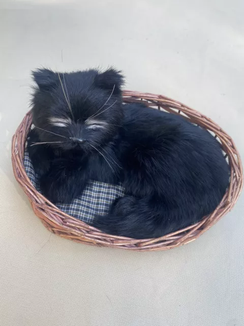 Black Cat Sleeping In Wicker Basket REALISTIC Plush Figurine Rabbit Fur 7.5"