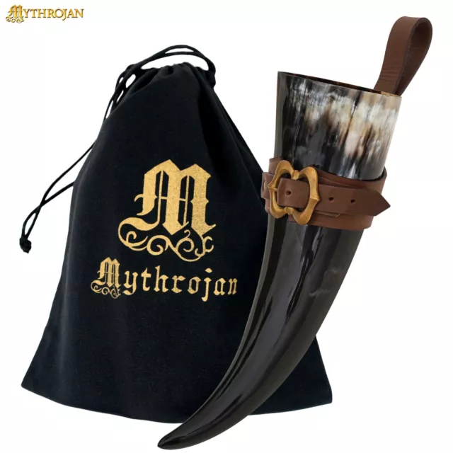 Viking Drinking Horn Medieval Bovine Wine Beer Ale Brown Leather Holder 600ML