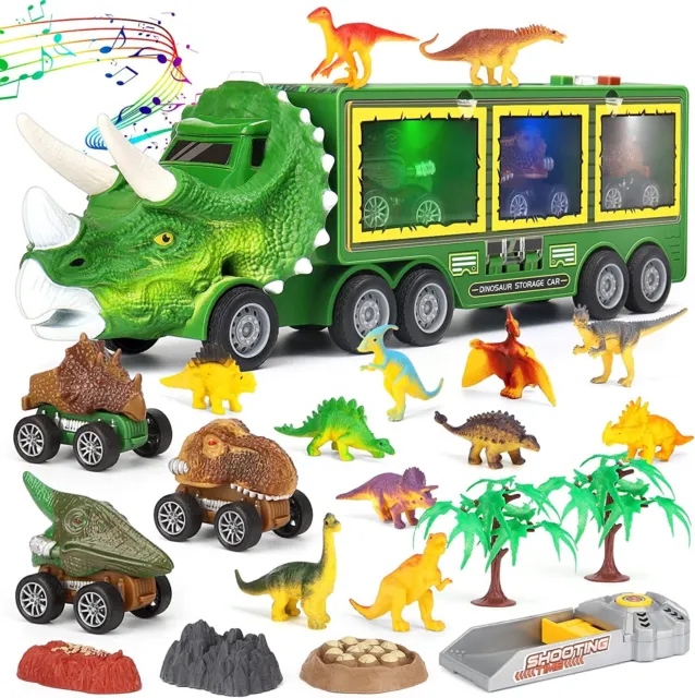 Dinosaur Toys for Kids Transporter Truck with Roar Sound&Lights 3 Pull Back Cars