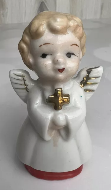 Vintage Ceramic Adorable Praying ANGEL Holding Cross Figurine Japan