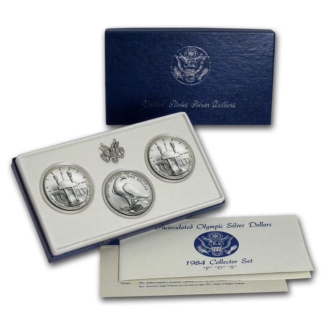 1984 3-Coin Olympic Set BU (P,D,S Dollars, w/Box & COA) - SKU #7167