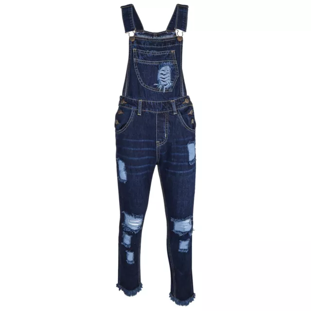 Kids Girls Denim Dungaree Full Length Dark Blue Ripped Jeans Fashion Jumpsuit