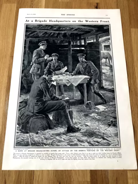 at a brigade headquarters - western front  ww1 full page print from the sphere !