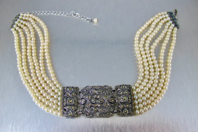 Vtg. Judith Jack Sterling Marcasite Six Strand Pearl Necklace Choker