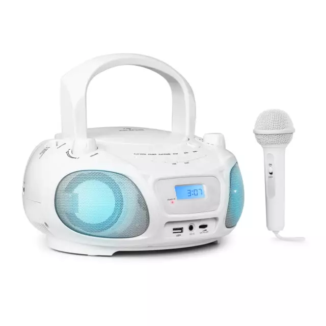 CD Player Tragbar Bluetooth USB FM Radio Kinder Boombox mit Mikrofon LED weiß