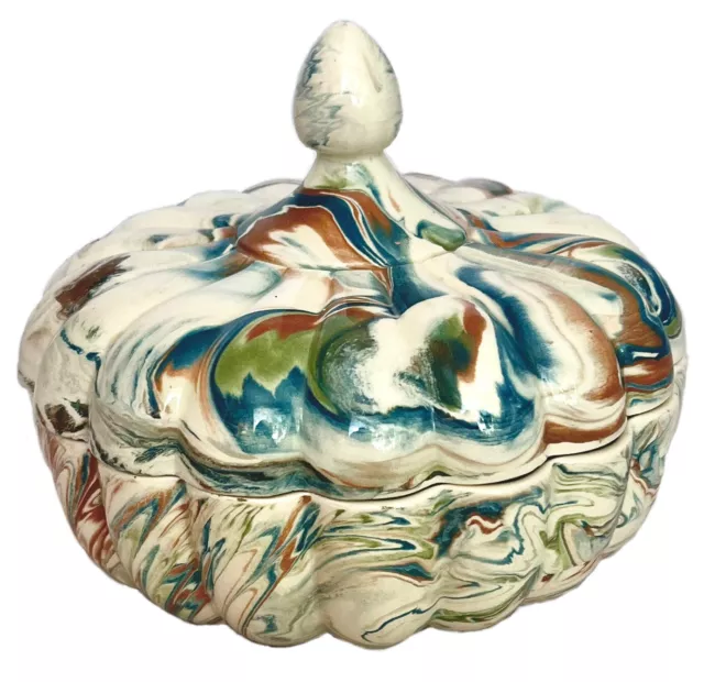 Pumpkin Candy Dish Trinket Bowl Lidded Swirl Ceramic Pottery Blue Green Brown 6”