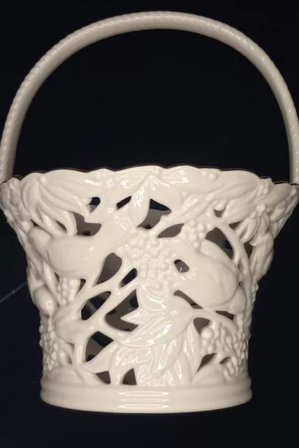 Lennox Filigree Forest Basket Ivory & Gold, Birds Trees Berries Handle.