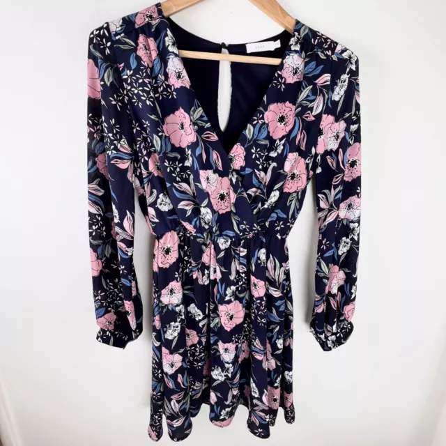 Lush Womens Floral Long Sleeve Mini Wrap Dress Size XS Navy Blue Pink