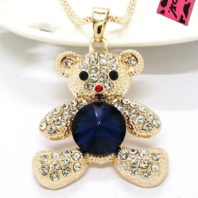 New Blue Crystal Bear Bling Rhinestone Betsey Johnson Long Chain Necklace Gift