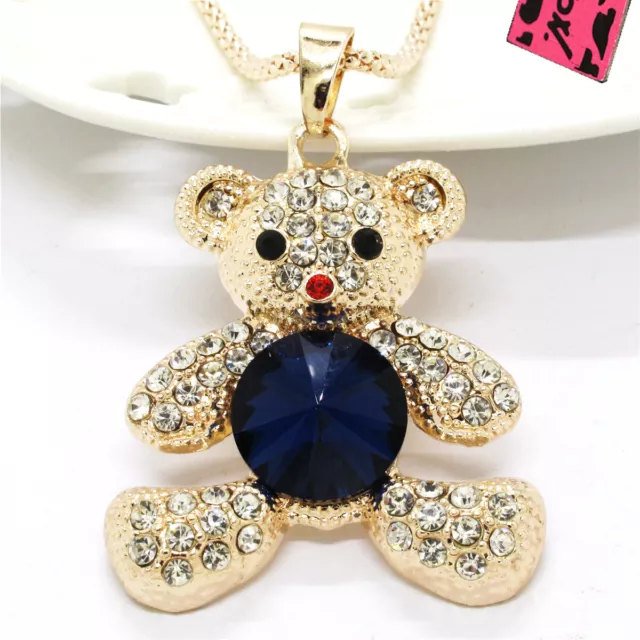 New Blue Crystal Bear Bling Rhinestone Long Chain Fashion Womens Necklace Gift