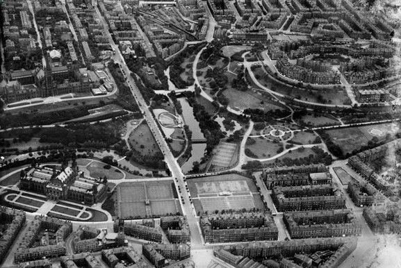Aerial view of Glasgow Rangers Football Club in Scotland. It is also known as the Ibrox Stadium