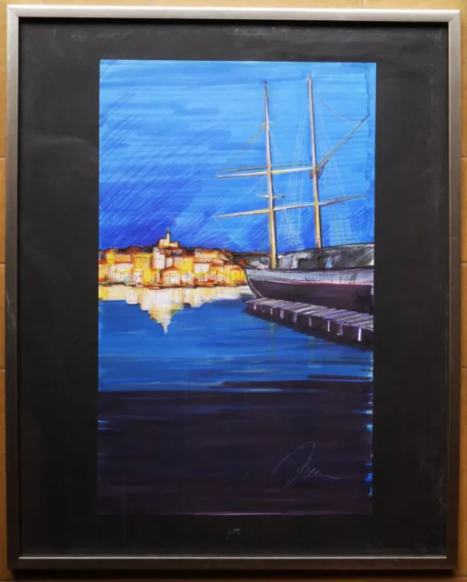 tableau dessin de Julia Rabczuk: voilier dans le port de Marseille