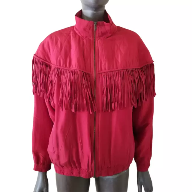 VINTAGE ROBERT STOCK Bomber Jacket Fringed Red Silk Quilted Full Zip ...