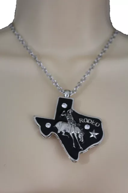 Women Silver Long Fashion Jewelry Necklace Texas State Horse Rodeo + Earring Set