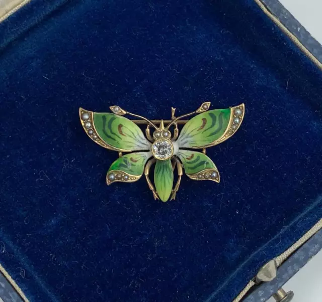Art Nouveau Pendentif Papillon Broche Omc Diamant Émail 14 Carat Or