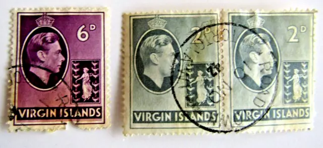 3 VIRGIN ISLANDS KING GEORGE VI STAMPS 2x2d, 1x6d, USED