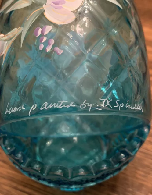Fenton Hand Painted Fairy Lamp Signed JK Spindler  Light Blue Glass 3